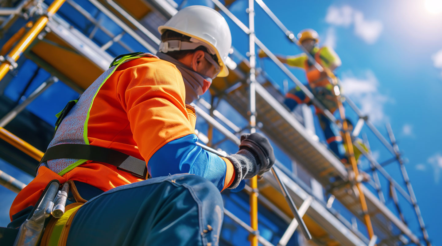 Ouvriers en tenue de sécurité installant des barrières sur un chantier de construction