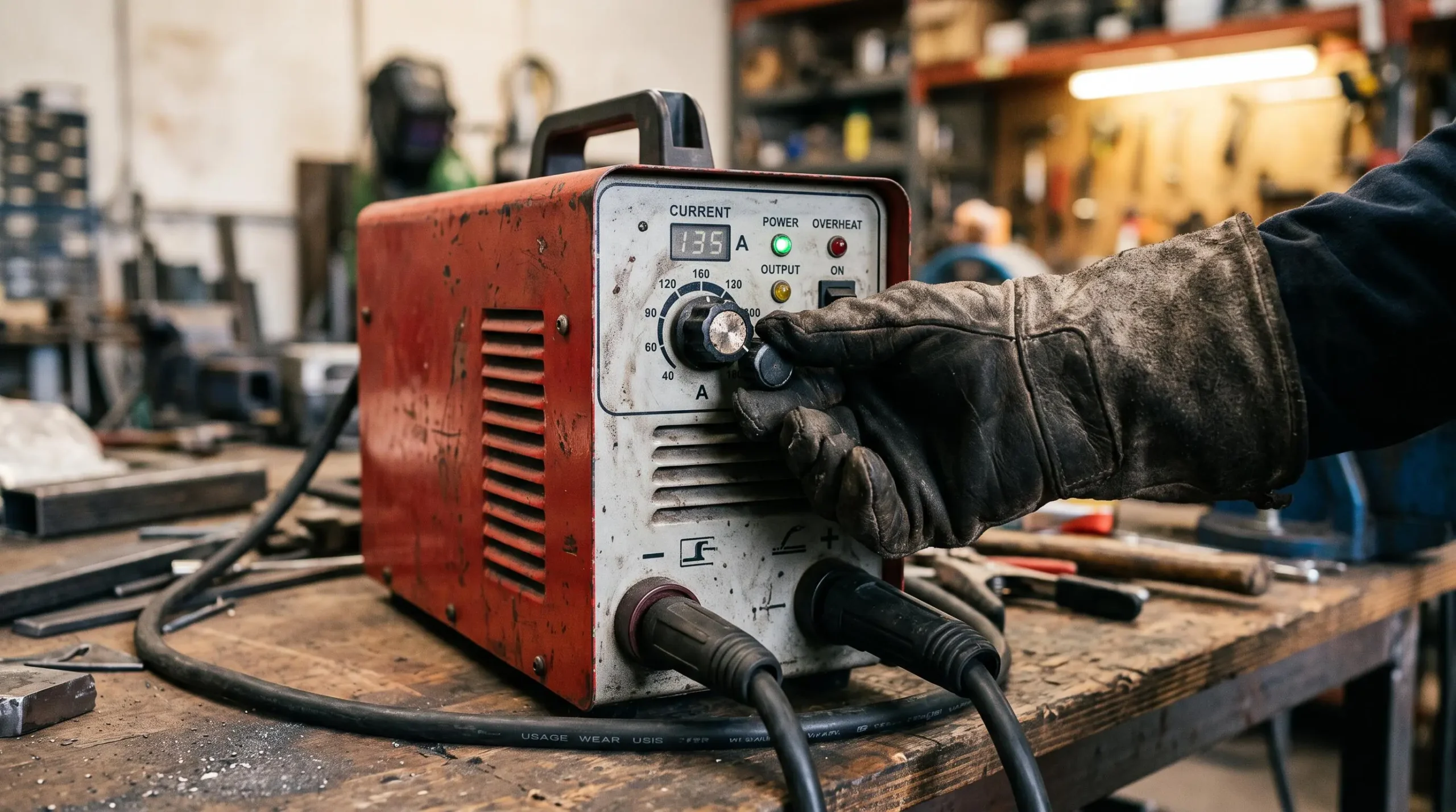 Un soudeur règle l'intensité sur la face avant d'un poste à souder inverter.